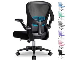 Bureaustoel - Ergonomische Bureaustoel - Bureaustoelen voor Volwassenen - Office Chair met Lendensteun & 90° Opklapbare Armleuningen | Verdikt en Verbreed Zitkussen | Hoogteverstelling - Tot 150kg - Zwart