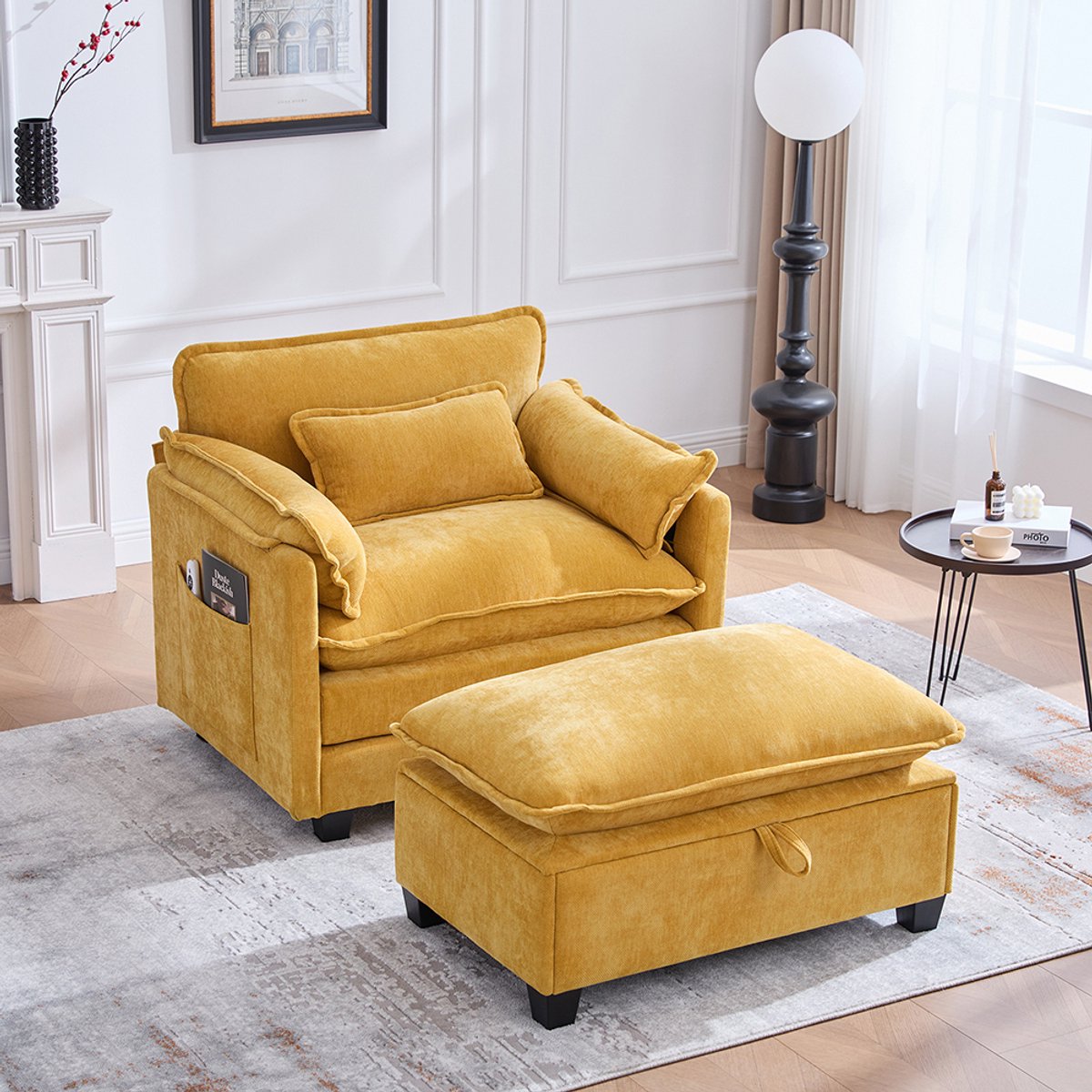 BLACKCOLORS Moderne oversized fauteuil met voetenbank en poef, fluwelen loungestoel met zijvakken en kussens, comfortabele leesfauteuil voor de woonkamer, slaapkamer en appartement