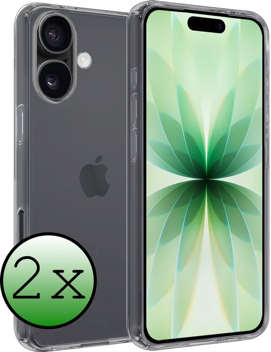 Coque transparente pour iPhone 17, avec un motif de fleur verte sur l'écran. Icône '2x'.
