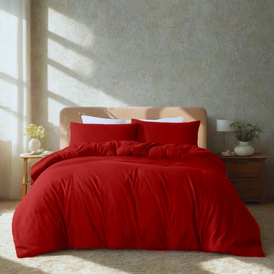 Housse de couette Komfortec Premium 135x200 cm + 2 Kussensloop 60x70 cm - 100% microfibre - 90 g/m² - Parure de lit 3 pièces ultra douce - avec fermeture éclair - Rouge