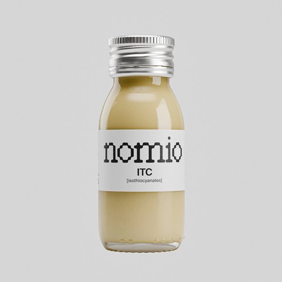 Nomio ITC isothiocyanaten drankje in glazen flesje met zilverkleurig dopje.