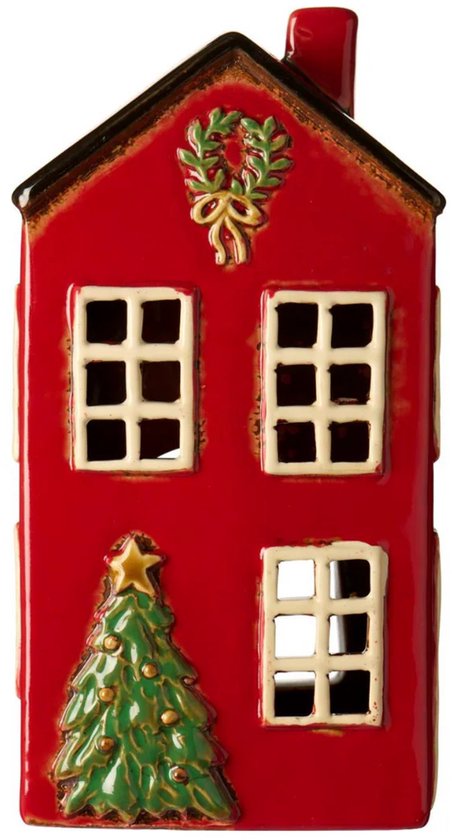 Ib Laursen - Keramieken huisje / kersthuisje rood met kerstboom en krans - waxinelichthouder