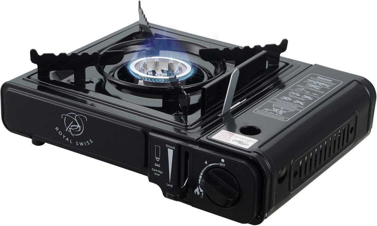 Royal Swiss Draagbaar campingkooktoestel 2200 W – 1 vuur met piëzo- ontsteking en transportkoffer – compact gasfornuis voor camping, festivals, picknicks en noodsituaties