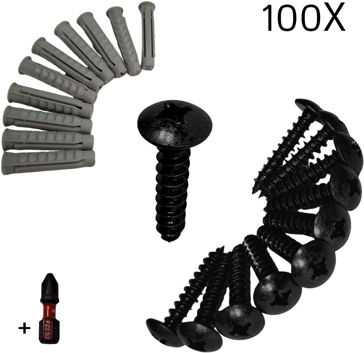 Zwarte Schroeven – M6 x 30 mm – 100 stuks – Inclusief 100 Pluggen 8x40 mm en Bitje – Zelftappende Houtschroeven