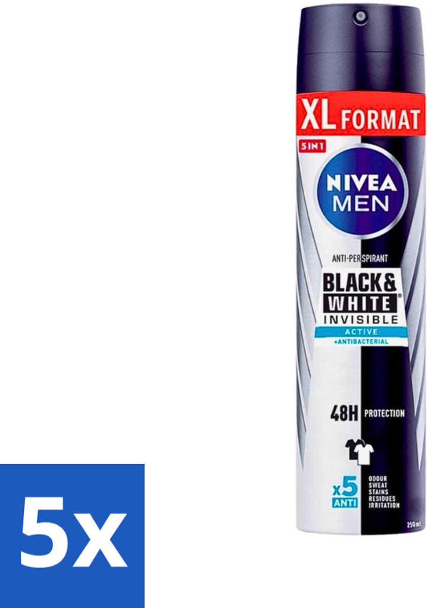 5 x Nivea - Deospray - Men - Invisible Black & White Active - 250 ml - Deospray Mannen - Anti Vlekken - Zweet En Geur Controle - 48 Uur Bescherming - Huidvriendelijk