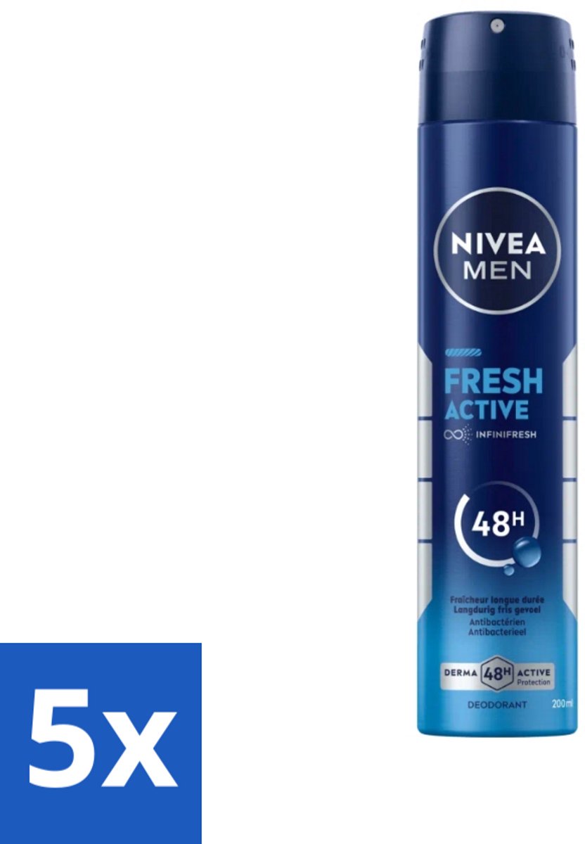 5 x Nivea - Deo Spray XL - Fresh Active - 48 Uur Lang Werkend - 200 ml - NIVEA MEN Deodorant Spray - Fresh Active - 48 Uur Bescherming - Anti-geur - Oceaanextracten