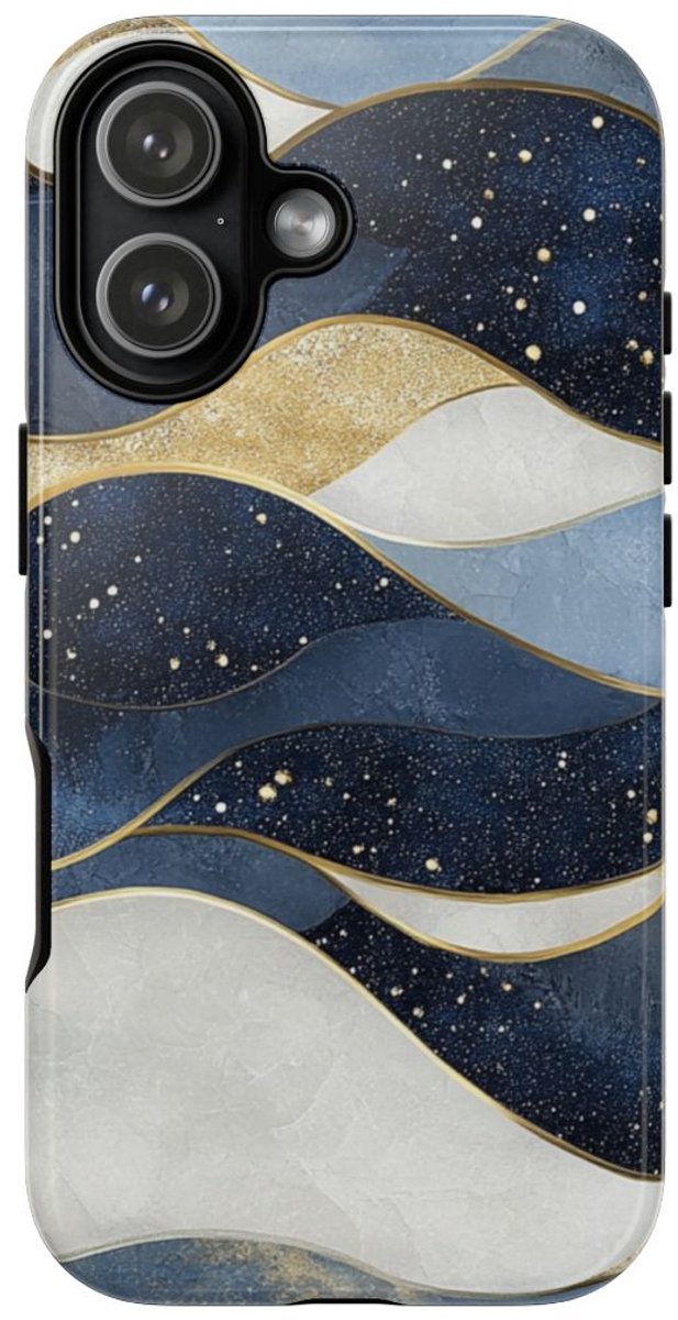 Abstract Blauw-Goud Golvenpatroon – Telefoonhoesje Geschikt voor iPhone 17