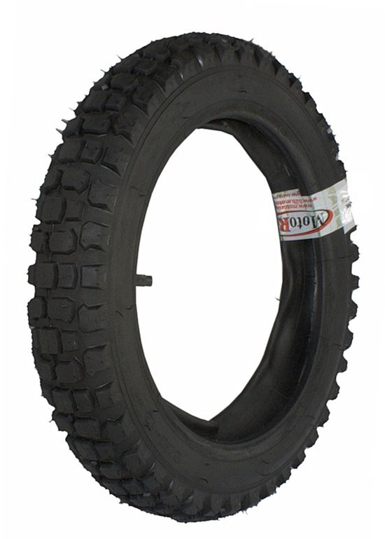 Zwarte 12-inch crossband met noppenprofiel en binnenband, voorzien van een Motor-sticker.