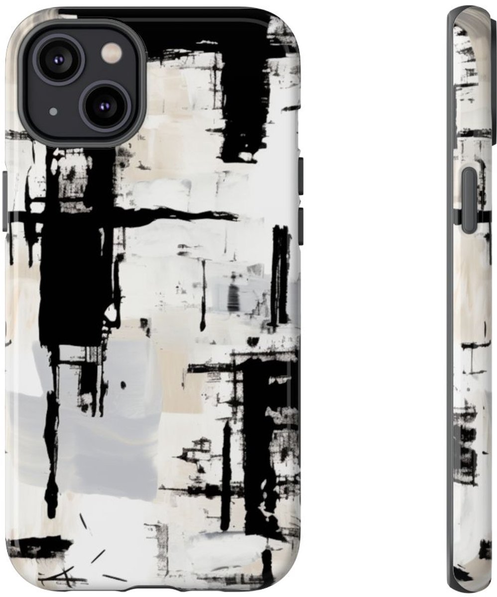 Monochrome Abstracte Penseelstreken – Telefoonhoesje Geschikt voor iPhone 14 Plus