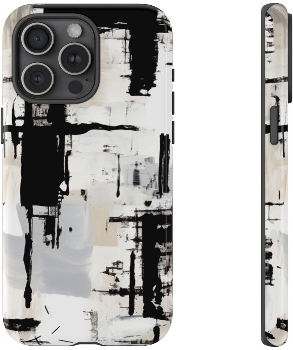 Monochrome Abstracte Penseelstreken – Telefoonhoesje Geschikt voor iPhone 15 Pro Max