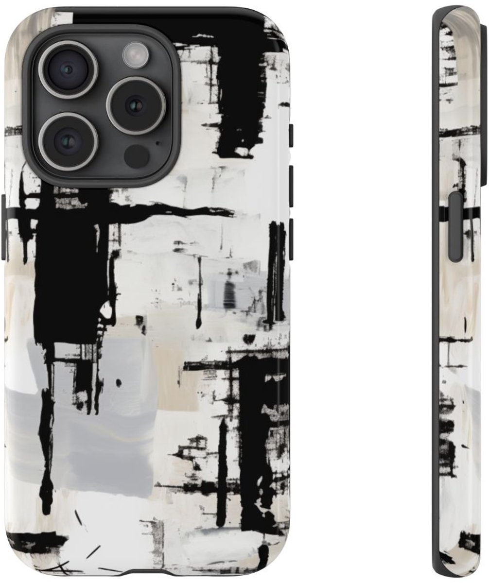 Monochrome Abstracte Penseelstreken – Telefoonhoesje Geschikt voor iPhone 15 Pro
