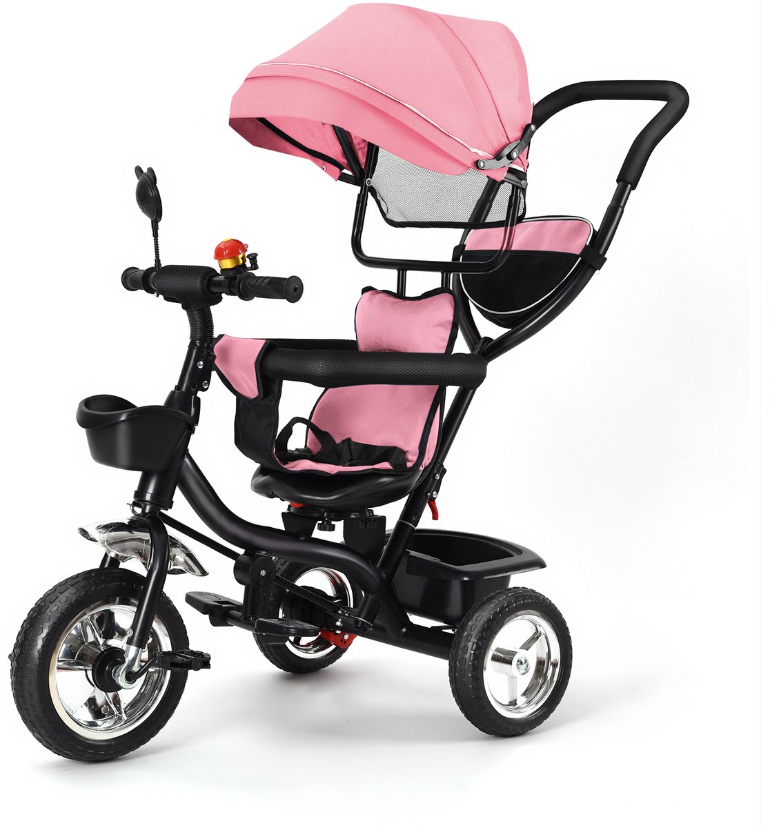 PIPIPOXER -Kinderdriewieler Driewieler met duwstang-360° draaibare zit-Met zonnescherm- Roze