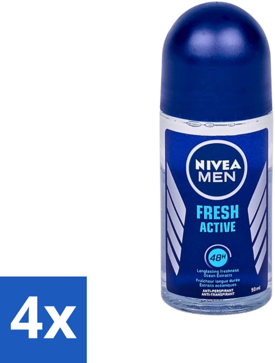 4 x Nivea - Fresh Active Roll-On - Antiperspirant - 48 Uur Lang Werkend - 50 ml - NIVEA MEN - Deodorant Roller - 48 Uur Bescherming - Zweetbestendig - Fris Gevoel