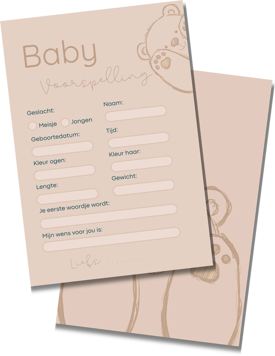 Babyshower Invulkaarten - Beer Beige / Bruin - Voorspelling - Babyshower Meisje / Jongen - 20 stuks - A6 Formaat - Stevig Karton
