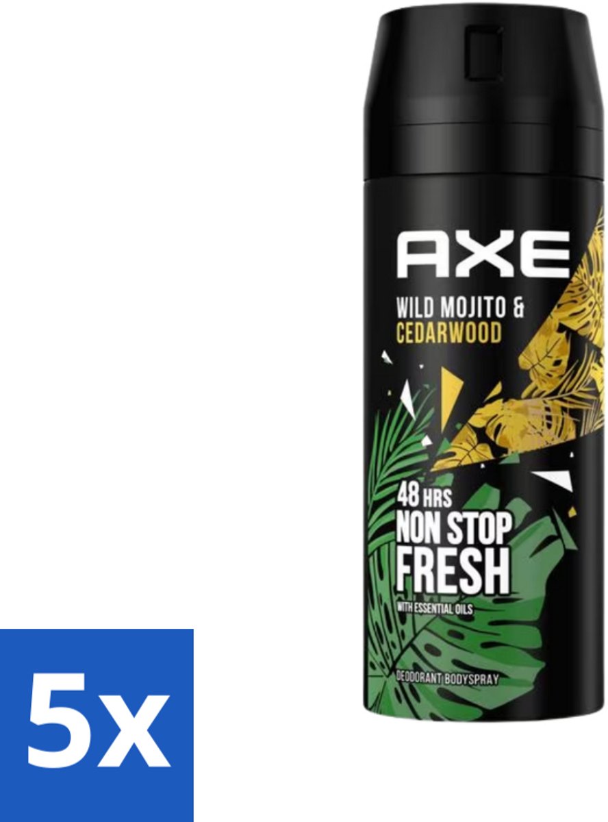 5 x Axe - Deodorant Bodyspray - 48hrs Fresh - Green Mojito & Cedarwood - 150 ml - 48 Uur Frisheid - Deodorant Spray - Geur Bestrijding - Frisse Geur - Cederhout