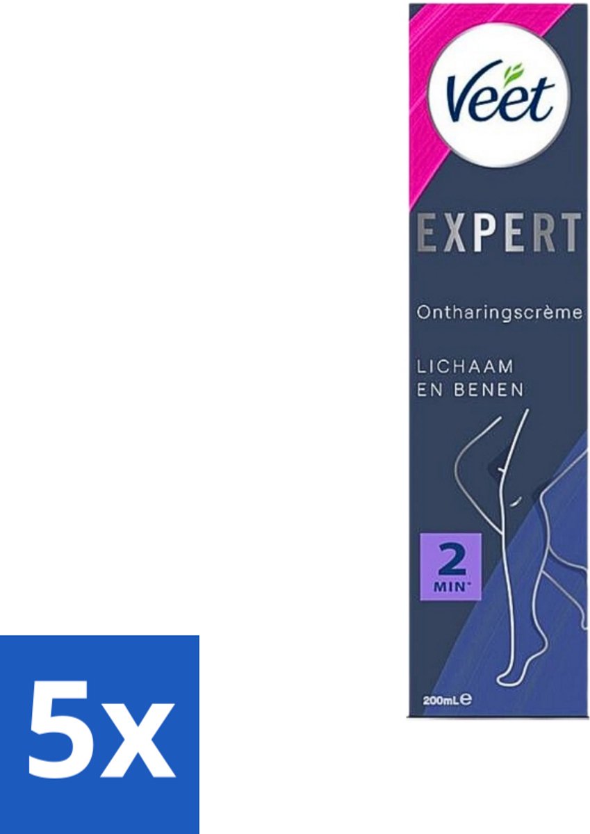 5 x Veet Expert Ontharingscrème Benen 200 ml - Veet Ontharing - Haar Verwijderen - Huid Verzorgen - Ontharing Crème - Sheaboter Crème