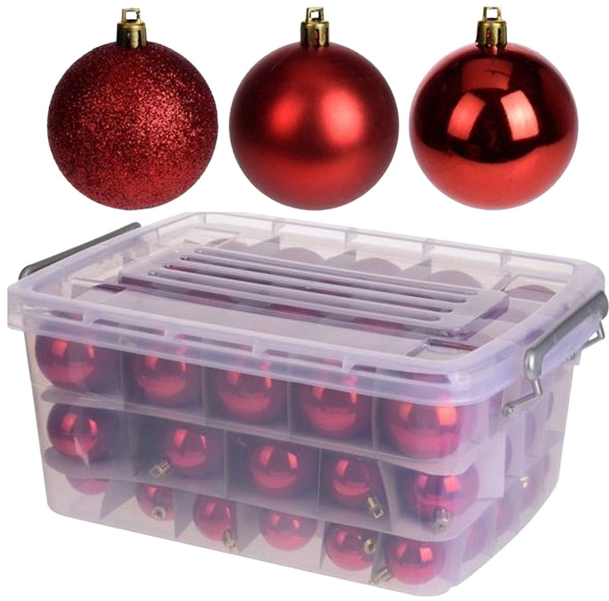 Kerstballen Set Rood – 70 Stuks – Mat Glanzend Glitter – Kunststof – Inclusief Opbergbox