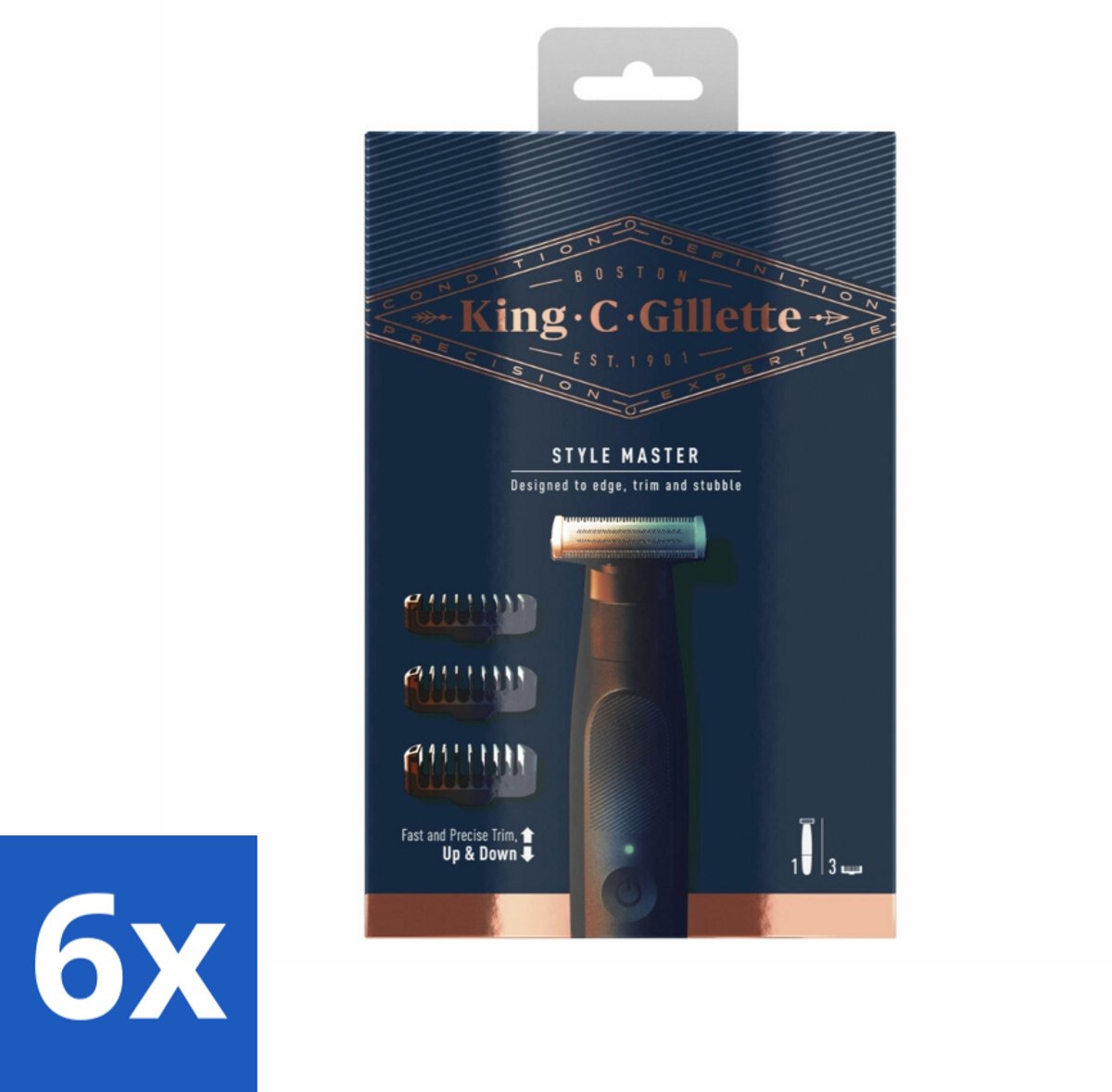 6 x King C. Gillette - Stoppelbaardtrimmer - Style Master - Met 3 Navulmesjes - Baardtrimmer - Stoppelbaardtrimmer - Draadloze Trimmer - Baardstyling - Baardonderhoud