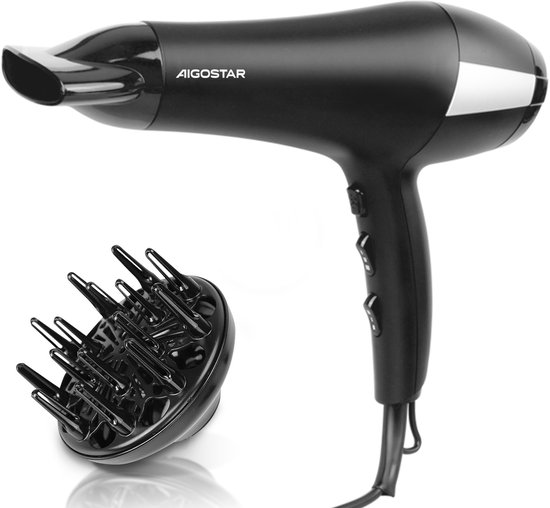 Aigostar Föhn met Diffuser - Ionische Haardroger met Coolshot Technologie - 3 Standen - Krullen - Haarföhn Zwart