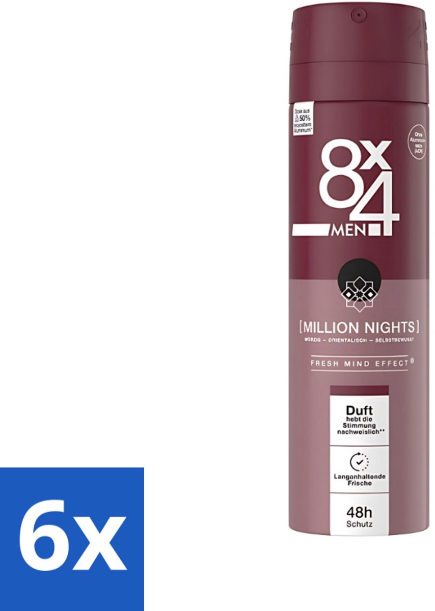 6 x 8 x 4 Deospray Men - No.18 Millions Nights - Deodorant - Voor Heren - 150 ml - Deodorant Voor Heren - Avondgeur - Zweetbescherming - Langdurige Geur - Verleidelijke Geur