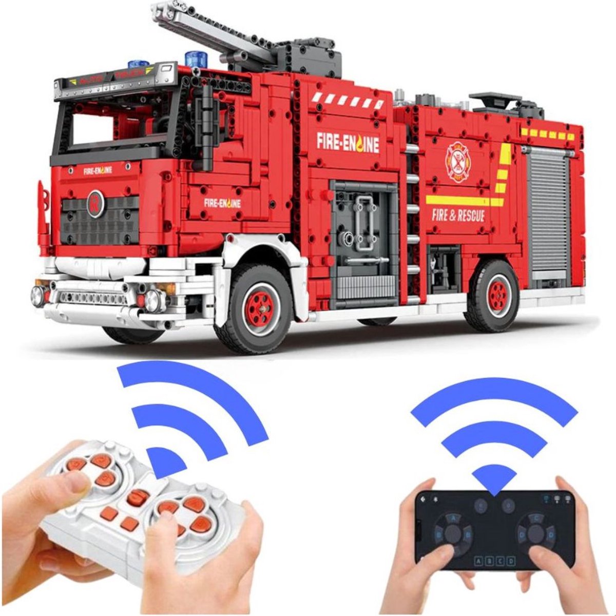 Reobrix 22008 Brandweer wagen met waterkanon bouwset | RC auto constructie modelbouw | Educatief speelgoed bouwpakketten voor kinderen & volwassenen | Met radiografisch bestuurbare remote | Accu niet geschikt voor Lego technic | 2888 bouwstenen