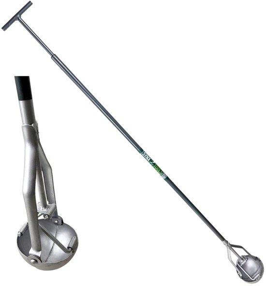 Zilveren ronde schep van 13 cm met T-handvat, met "SYNX TOOLS" logo.