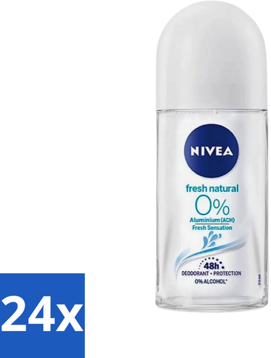 24 x Nivea - Roll-On - Alu Free - Fresh Natural - 0% Aluminum - 50 ml - Aluminiumvrije Deodorant - Natuurlijke Frisheid - Huidvriendelijke Deodorant - 0% Aluminium - Deodorant Voor Gevoelige Huid