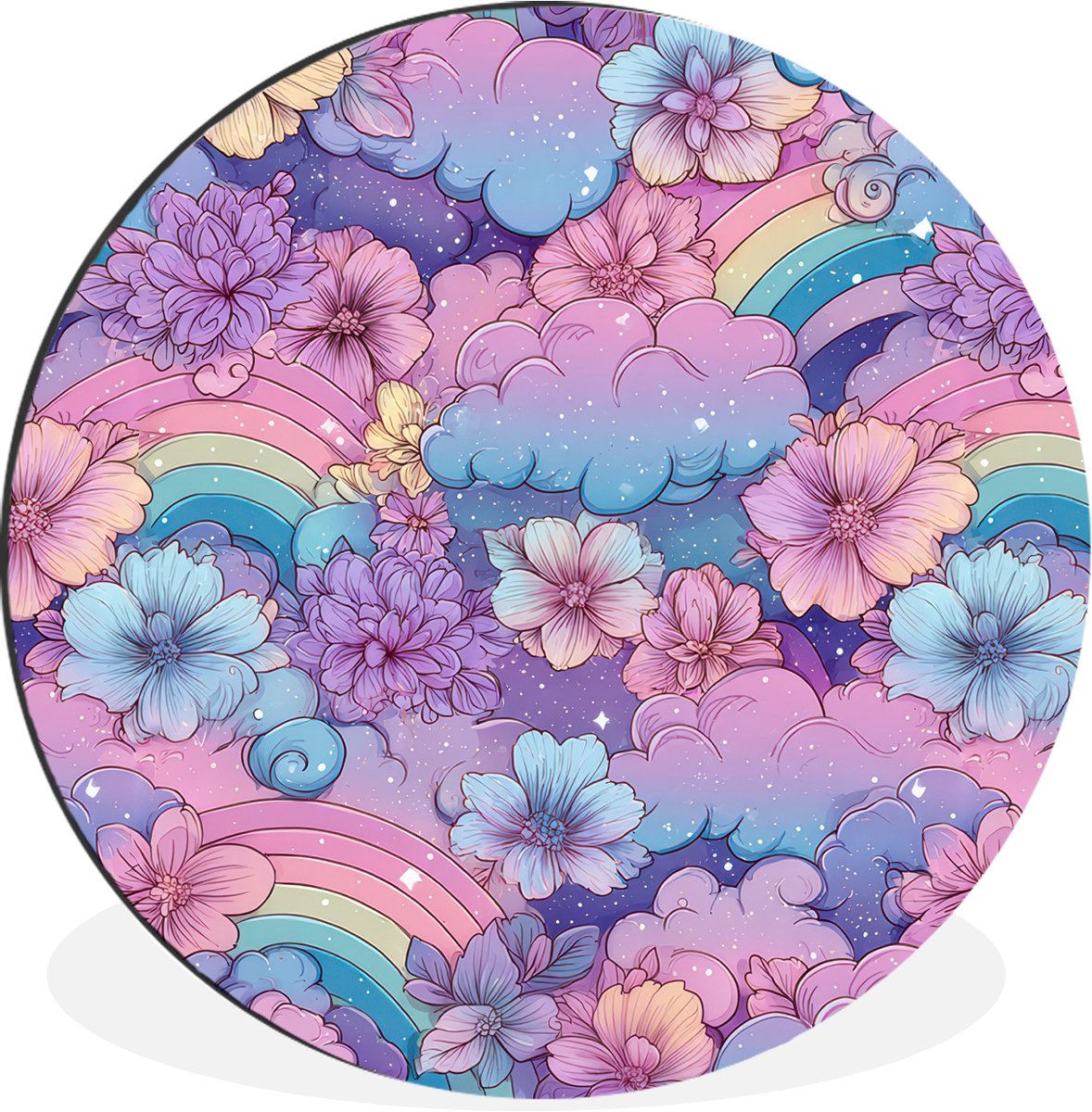 WallCircle Wandcirkel - Muurcirkel - Regenbogen - Bloemen - Kleurrijk - Wolken - Aluminium - Dibond - 90x90 cm - Binnen en Buiten