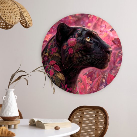 WallCircle® Wandcirkel 60x60 cm - Muurcirkel Luipaard - Bloemen - Roze - Muurdecoratie woonkamer - Wanddecoratie slaapkamer - Kamer decoratie accessoires - Ronde schilderijen