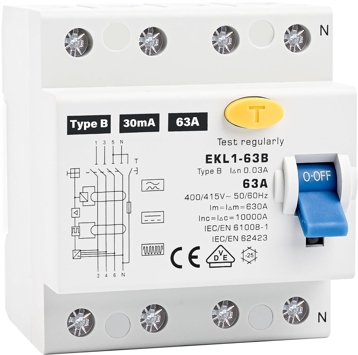 WARMFAY Type B, 63A 30 mA 4P, VDE,FI Schutzschalter RCD Allstromsensitiver Schalter Automat Sicherun für Wallboxen Ladestationen, DIN Hutschiene Montage