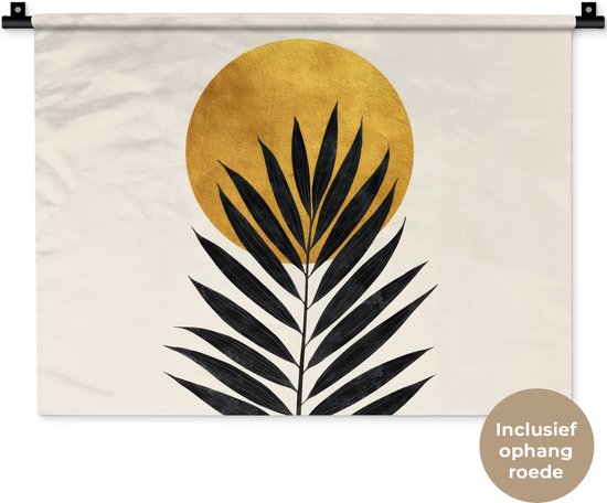 Wandkleed 60x45 cm - Wanddoek Zwart palmblad - Gouden cirkel - Beige achtergrond - Wandtapijt - Wandkleden