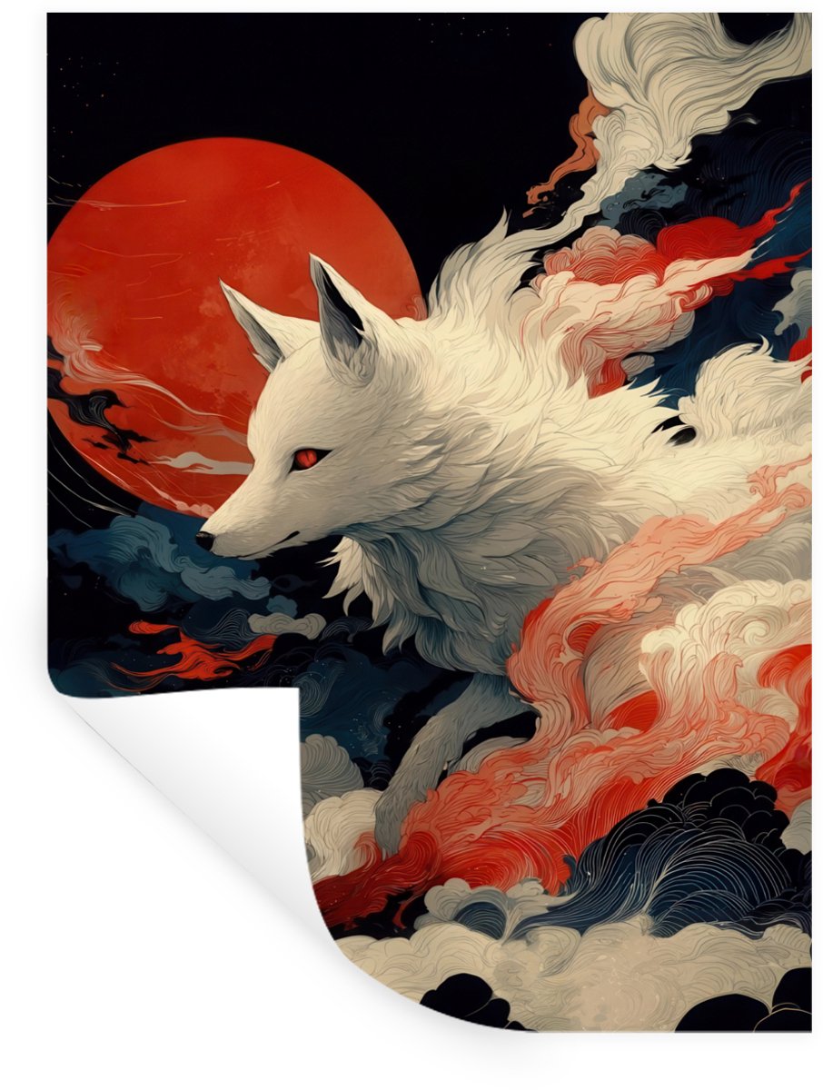 Muurstickers - Sticker Folie - Witte vos - wolken - maan - 30x40 cm - Plakfolie - Muurstic