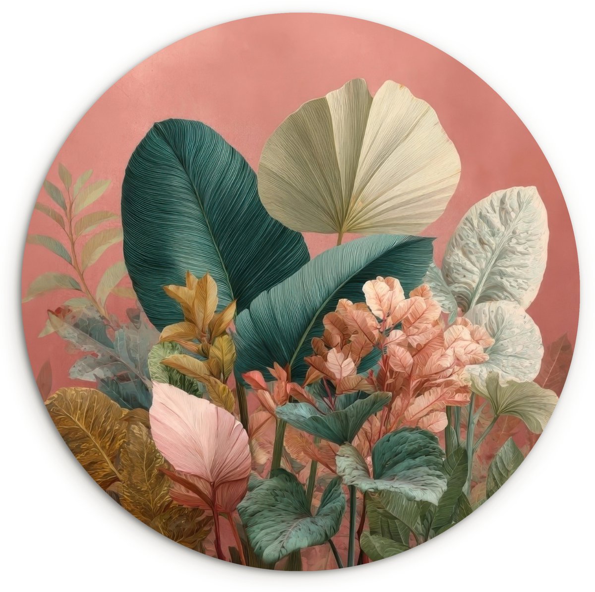 WallCircle Wandcirkel 120x120 cm - Muurcirkel Tropische bladeren - Bloemen - Roze - groen - Muurdecoratie woonkamer - Wanddecoratie slaapkamer - Kamer decoratie accessoires - Ronde schilderijen Tropisch - Bladeren - Bloemen