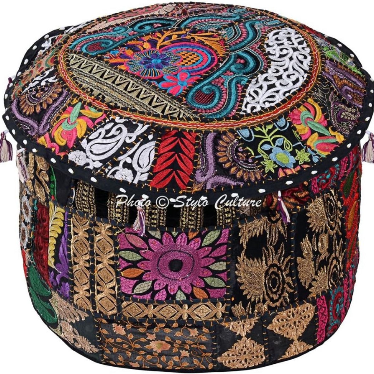 BOG Katoenen Patchwork Poefhoes – Geborduurde Ottoman Krukhoes – Zwart met Bloemen – Traditionele Sierhoes voor Poef & Kruk