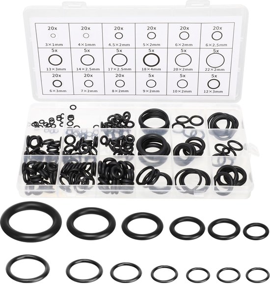 Jeu de joints toriques - 225 pièces - Bague d'étanchéité - Bagues en caoutchouc - Bagues d'étanchéité - Bagues d'étanchéité - NBR - avec boîte d'assortiment - pour plomberie, maison, jardin, atelier, etc. - 18 tailles