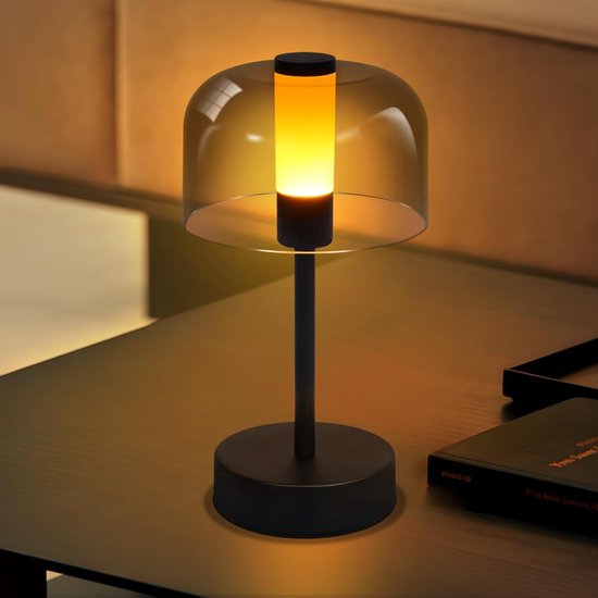 Glitzerlife Modern Design - Zwart LED Tafellamp - Draadloos & USB-C Oplaadbaar - Dimbaar Kleine Nachtkastlampen - Schemerlampje Slaapkamer Touchbediening met Geheugenfunctie - Metaal Acryl - Voor Binnen Nachtkastje Café