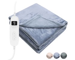 STAUS&BACH Elektrische deken 3XL - 2 persoons bovendeken - Dubbelzijdig Fleece Sherpa Warmtedeken - Grijs blauw - 180x160 cm PowerNap