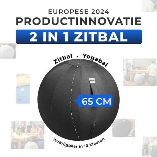 Grijze 65 cm zitbal met textuur, met een label waarop 'Backerz' staat. Ernaast een pomp en andere gekleurde ballen.