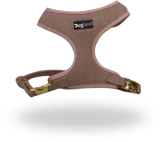 Lichtroze DogSeat hondentuig met visgraatpatroon, gouden gesp en verstelbare band.