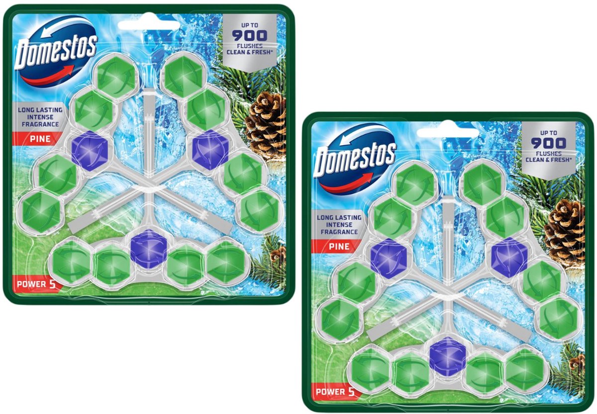 Domestos Power 5 Pine WC Blokjes - 2 Pack - 6 x 50g - Bestrijdt Kalkaanslag en zorgt voor Hygiene en Frisheid tot 900 Spoelingen - WC Blokjes Voordeelverpakking - Toilet Blokjes met Dennengeur