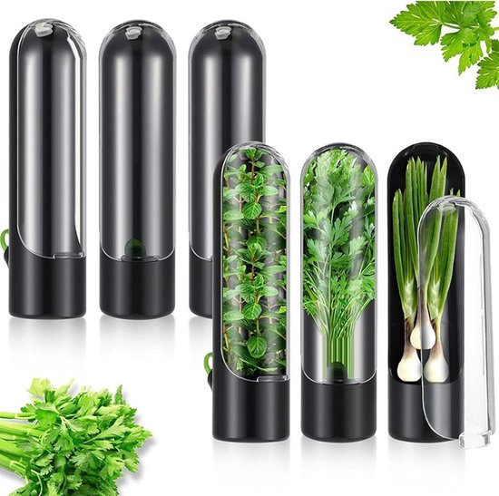 3-Pack Kruidenbewaarder Voor Koelkast - Kruiden Capsules Met Koriander - Groente Bewaardoos - Vershoud Container Met Luchtcirculatie - Transparante Design - Waterdichte Bodem - Geschikt Voor Asperges En Bloemen
