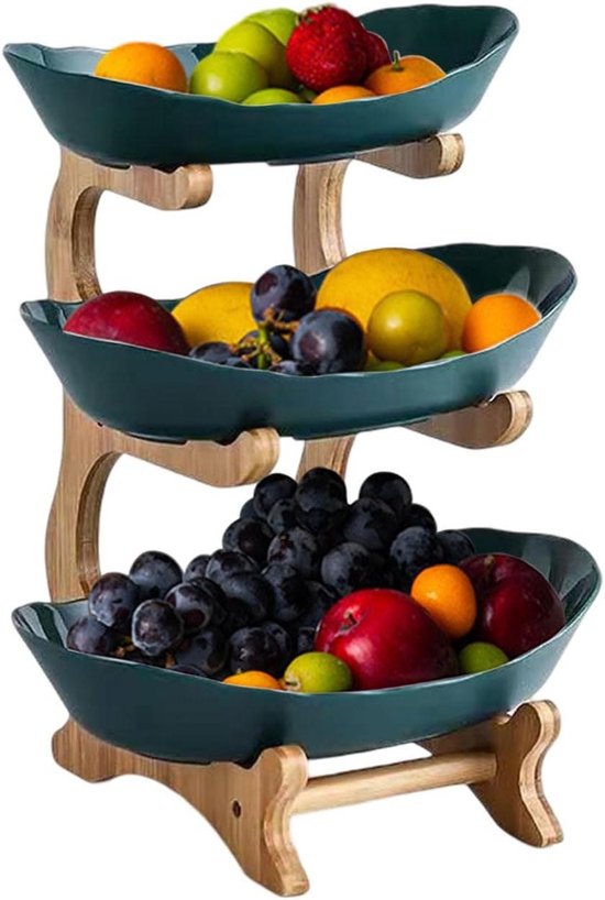 Corbeille à Fruits 3 étages En Plastique Et Bambou - Forme Yuanbao, Design Spacieux Pour Cuisine Ou Salon