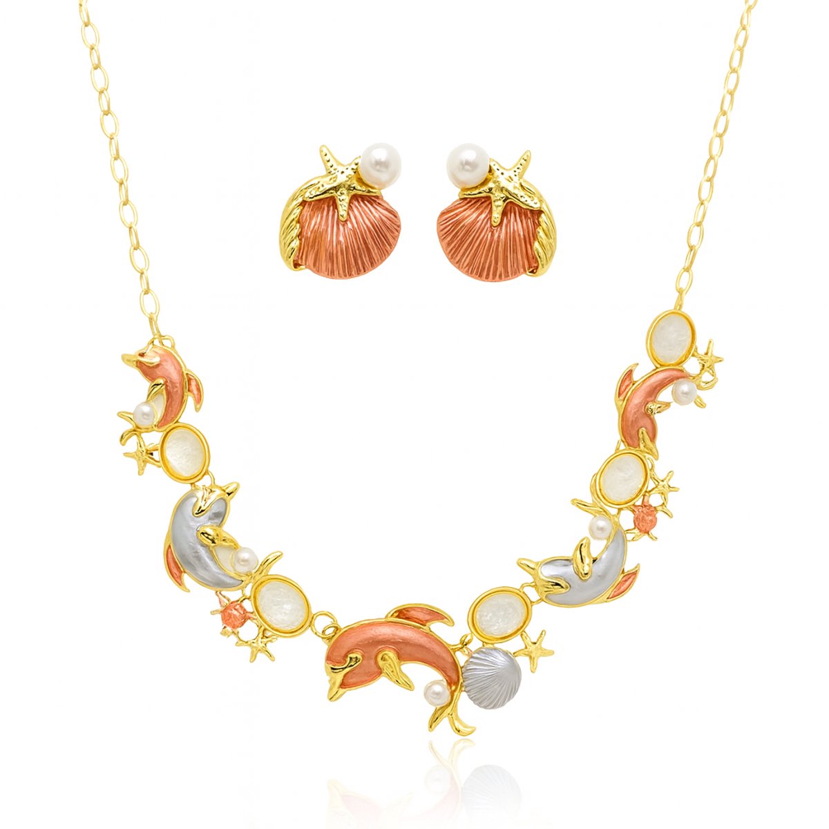 Rood Blauw Goudkleurige Ketting en Oorbellen Set – Milieuvriendelijke Legering met Schelp, Zeester & Dolfijn Ontwerp en Parelaccenten