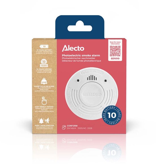 Alecto Rookmelder SD1010 - Brandmelder met batterij voor 10 jaar - Voldoet aan Europese norm - Wit