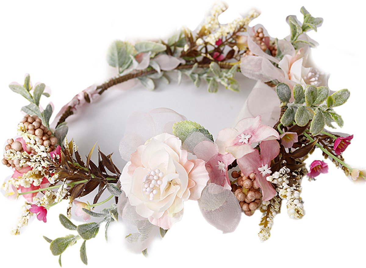 JeiibrZui Bloemenkroon - Bloemenhoofdband - Stoffen Bladeren En Bloemen Met Verstelbaar Lint - 1 - Voor Festivals En Fotoshoots Kastanjebruin