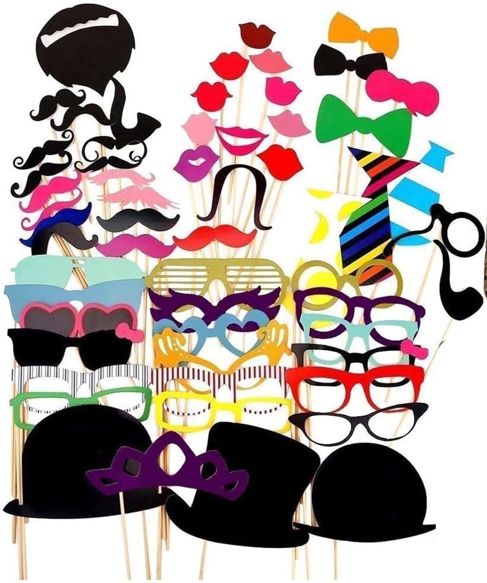 QTTVBTNA -58-delige Fotobooth Props Set – Papieren Maskers met Houten Stokjes voor Feest & Bruiloft