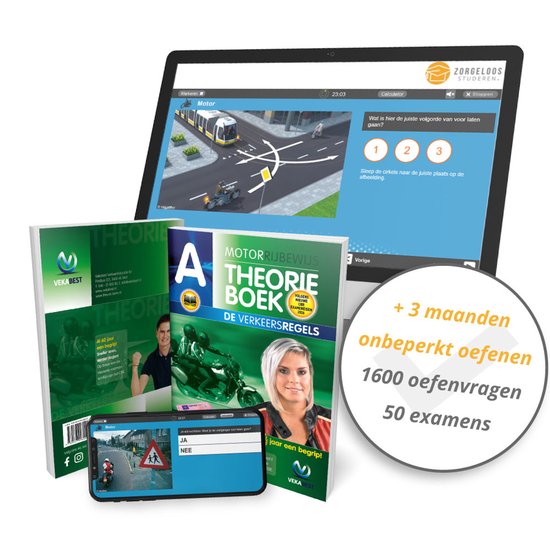 Motor theorieboek met foto's van een motor, studenten en een smartphone waarop een verkeersvraag wordt getoond. ernaast een computer met een verkeerssituatie.