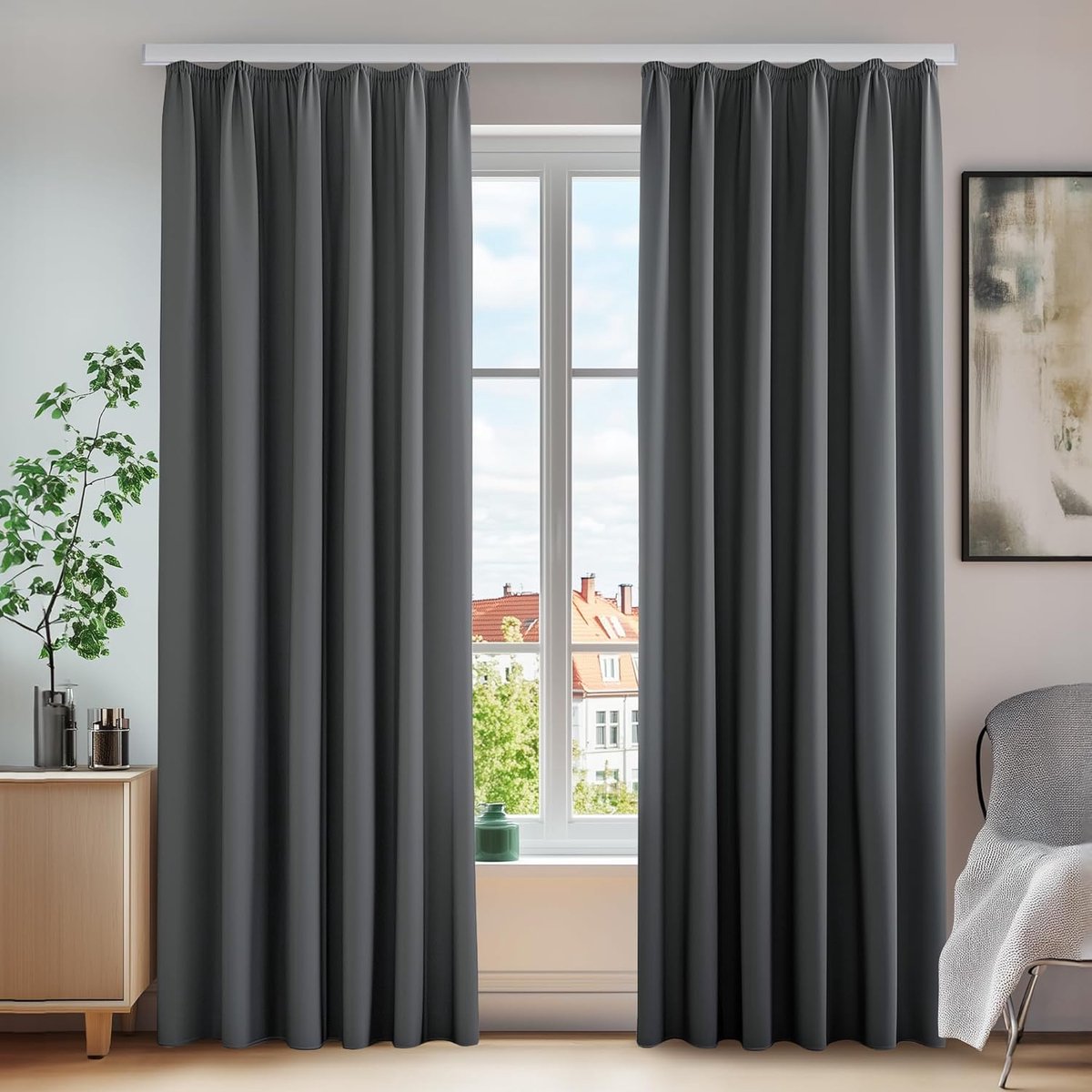 SNJY® Gordijnen Kant en Klaar met Haakjes - Vitrage Kant en Klaar met Haakjes - Gordijnen Verduisterend met Haakjes - 175 x 140 cm (H x B) - Donkergrijs