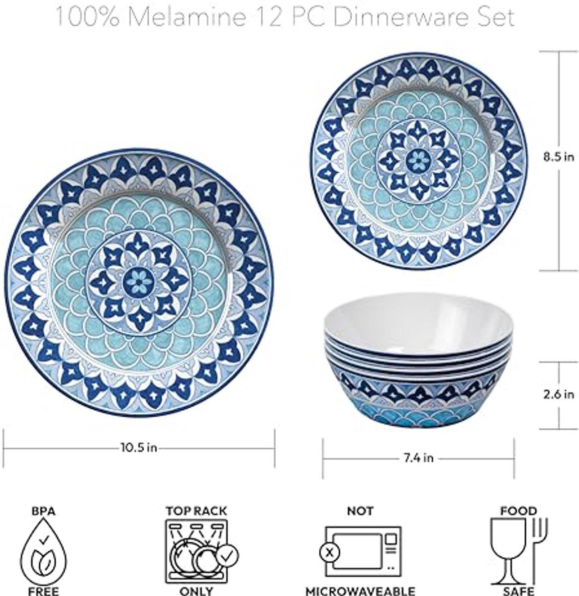 12-delig Melamine Servies Set in Blauw met Fontana-Patroon