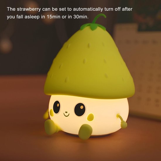 Groen aardbeiennachtlampje, schattig fruitnachtlampje voor de kinderkamer, USB-oplaadbaar lampje, 2 helderheidsniveaus, nachtlampje met vertraagde verlichting voor het nachtkastje van de babykamer, geschikt voor babyjongens en -meisjes, verjaardagen van groen — afbeelding 5